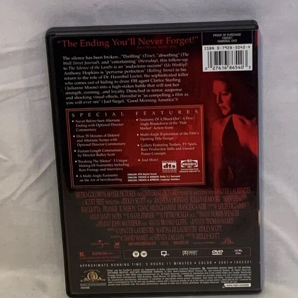 Hannibal (DVD, 2001, 2-Disc Set, Special Edition) Widescreen Anthony Hopkins - Picture 2 of 4